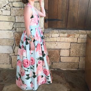 Blue and pink floral halter prom dress
